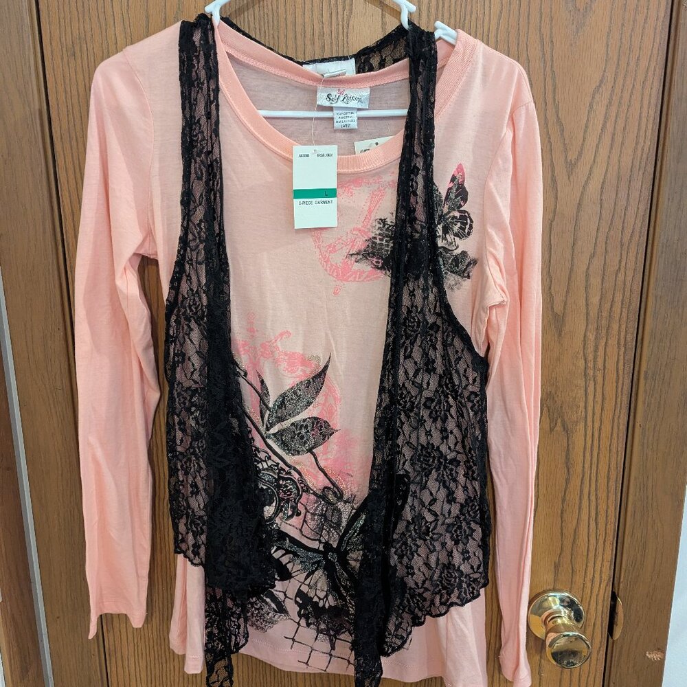NWT Self Esteem Long Sleeve Top with Black Lace Vest Overlay‎ Floral Y2K -Large